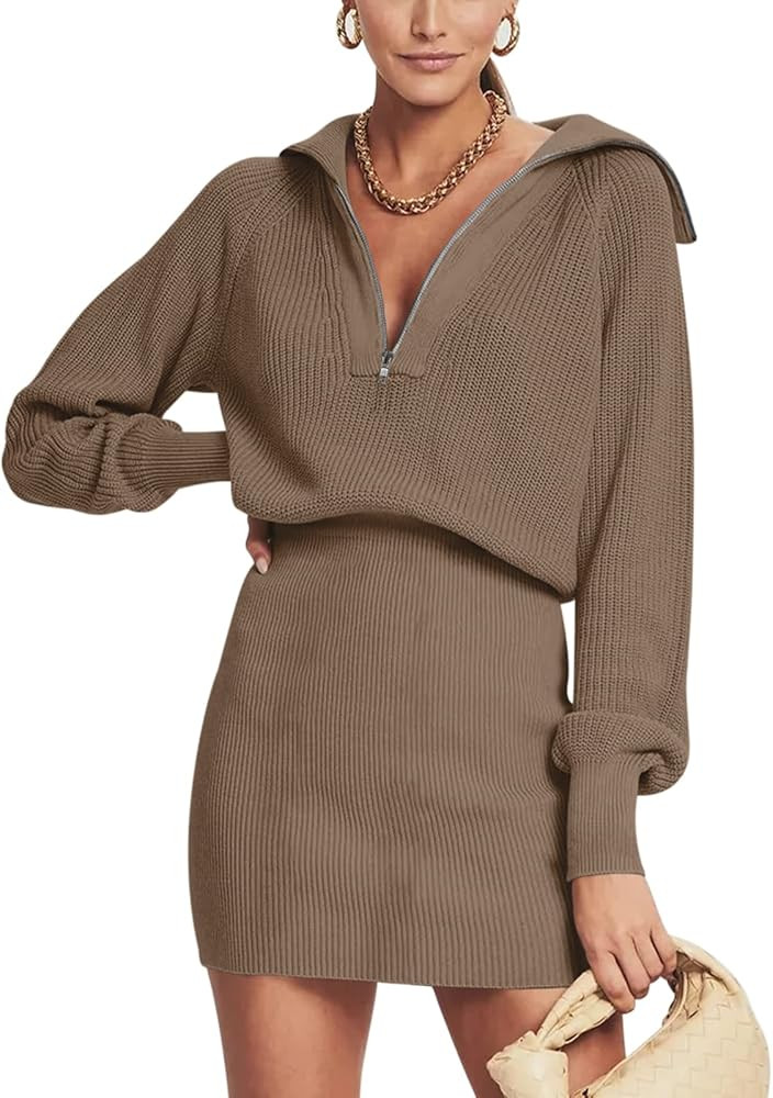 Women's Casual Long Sleeve Bodycon Sweater Dresses Fall Half Zip V Neck Slim Fit Ribbed Knitted M... | Amazon (US)