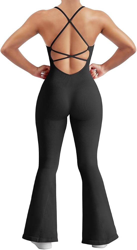 SUUKSESS Women Sexy Backless Ribbed Flare Jumpsuit Sleeveless One Piece Bodycon | Amazon (US)