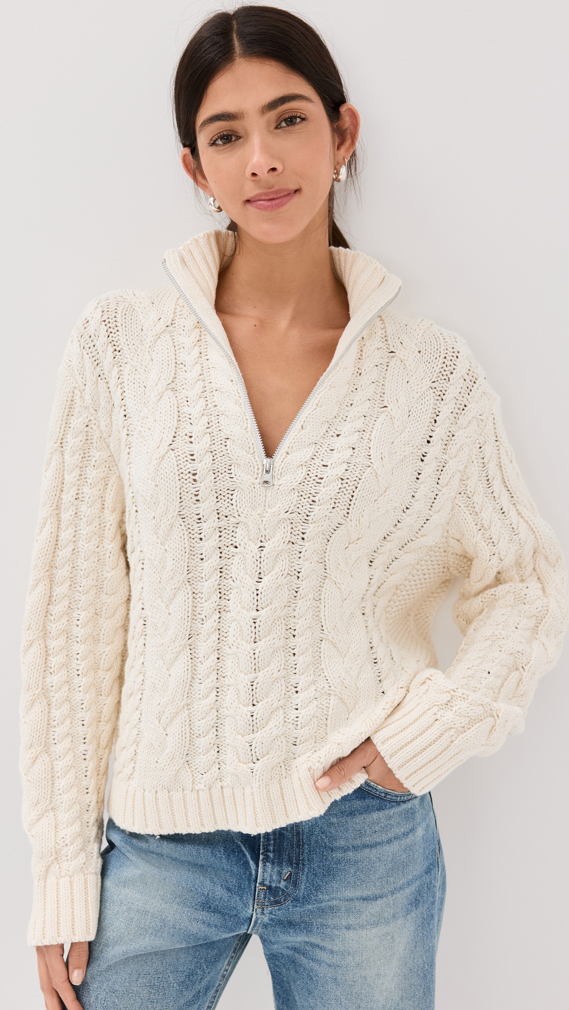 Jenni Kayne Cotton Cable Half Zip Ivory XL | Shopbop