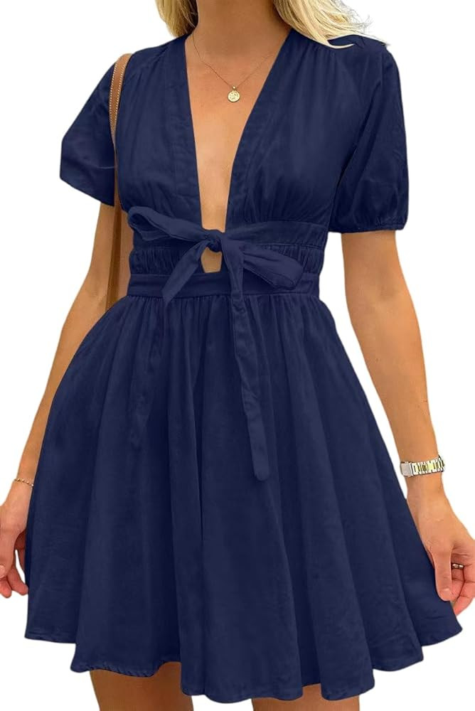 Women's Cute Summer Short Puff Sleeve Tie Cotton Mini Dress | Amazon (US)