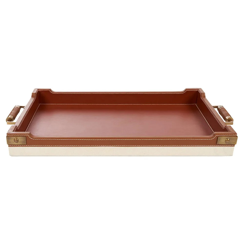 Toulon Traditional Tan Leather Natural Canvas Rectangular Decorative Tray | Kathy Kuo Home
