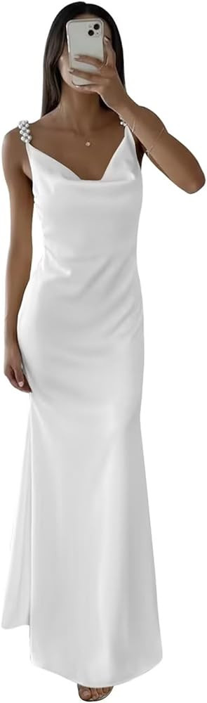 Wchecalino Pearl Spaghetti Straps Satin Prom Dresses Long 2026 Cowl Neck Mermaid Formal Evening P... | Amazon (US)