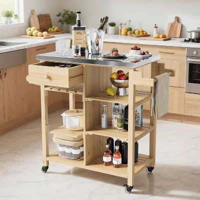 Acekool Outdoor Grill Cart, Wood Storage Cabinet with Stainless Steel Top, Lockable Wheels, Multi-Level Patio Bar Table for Kitchen & Garden | Target