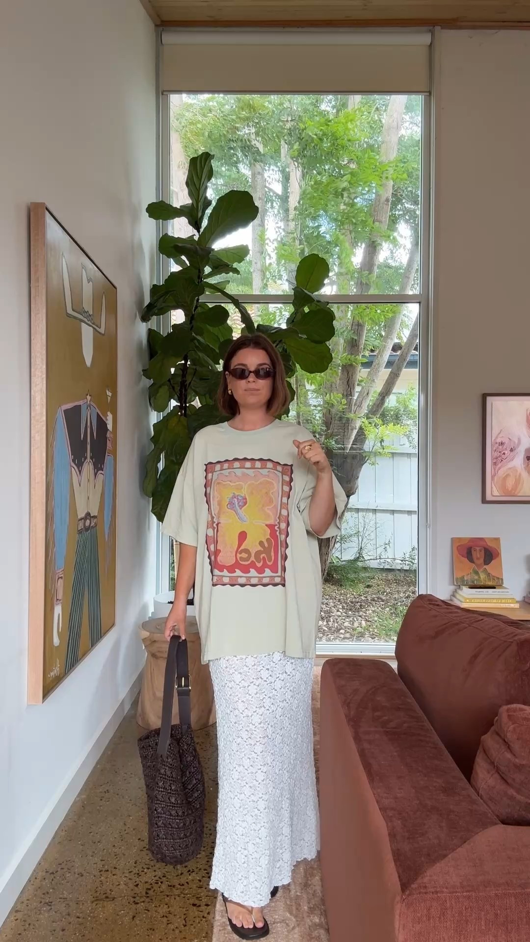 Spring outfit all from The Iconic. Wearing size small tshirt and size 12 skirt. #laceskirt #oversizedtshirt #jellythongs