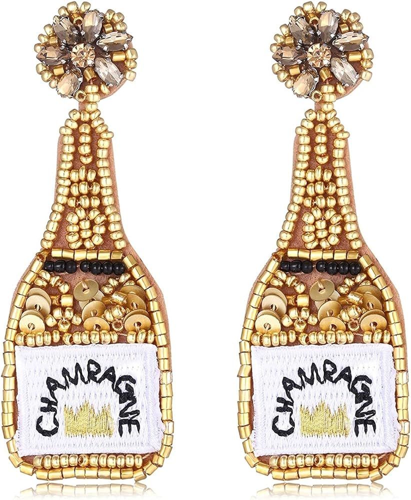 Beaded Champagne Bottle Earrings for Women Handmade Bead Champagne Drop Dangle Earring Statement Ear | Amazon (US)