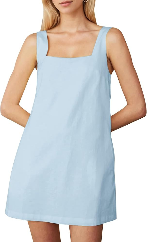 Summer Linen Mini Dress for Women Sleeveless Square Neck Tank Shift Dresses Causal Backless Solid... | Amazon (US)