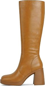 Black Leather Boots Platform Boots for Women Square Toe Chunky Block Heeled Boots | Amazon (US)