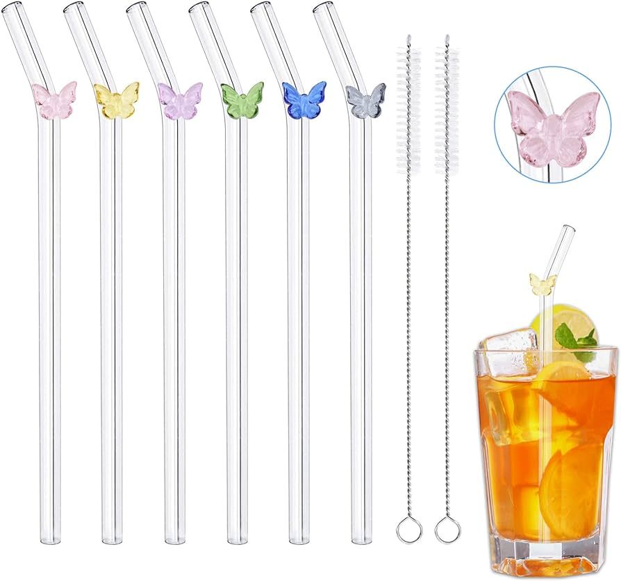 Clear Glass Straws with Design, 6Pcs Reusable Straws, Butterfly Glass Straw Shatter Resistant wit... | Amazon (US)