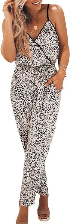 PRETTYGARDEN Women’s Sexy Wrap V Neck Leopard Print Spaghetti Strap Long Pants Jumpsuits Romper... | Amazon (US)