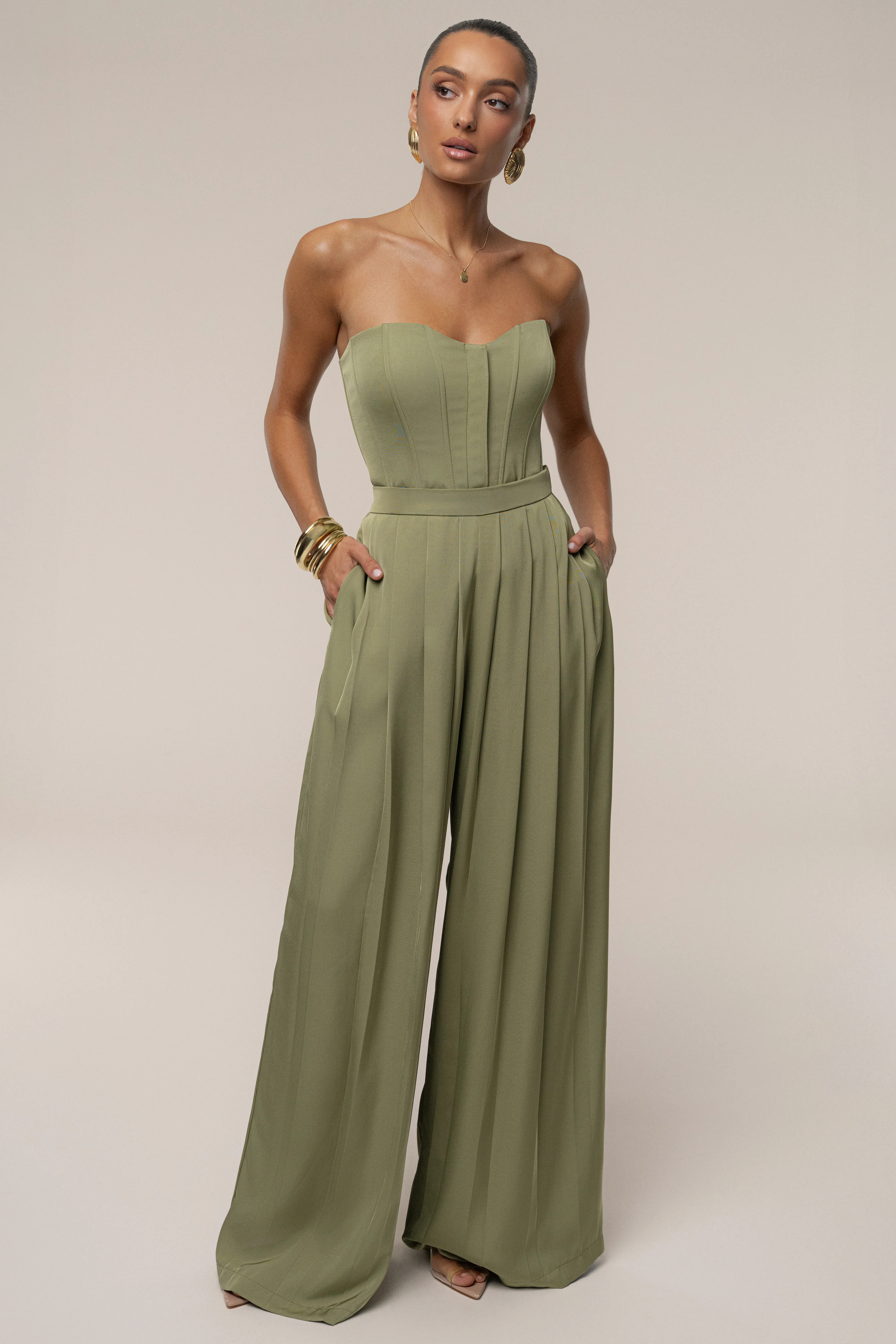 Olive Clara Wide Leg Pleated Trousers | JLUXLABEL