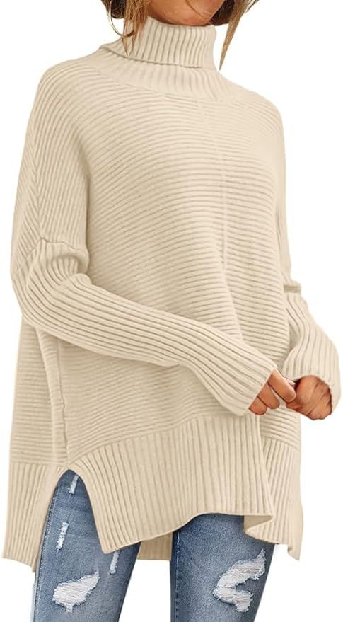 ANRABESS Womens 2023 Fall Sweaters Oversized Turtleneck Long Batwing Sleeve Split Hem Pullover Kn... | Amazon (US)