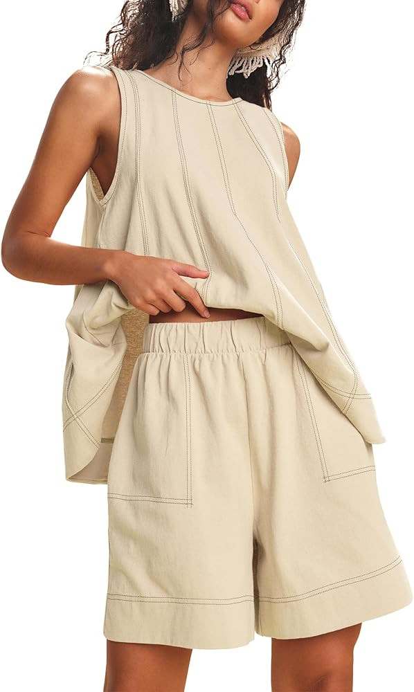 Womens 2 Piece Lounge Set Casual Summer Outfits Sleeveless Tank Top and Elastic Waist Shorts with... | Amazon (US)