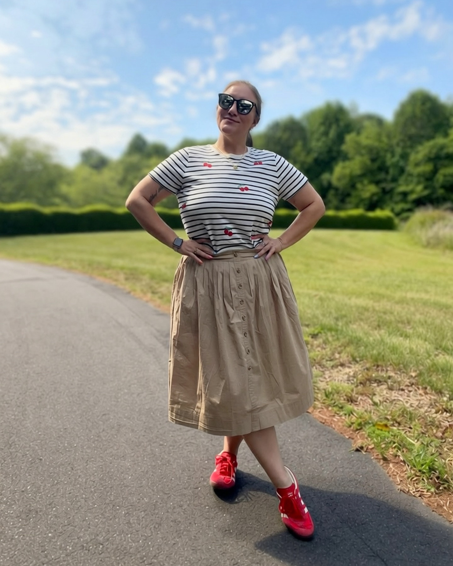 Blue skies with cute little clouds feels like MJ’s voice on this melody ⛅️☀️🎶

Everything linked in my bio @ltk.creators 

Shirt/skirt/jewelry @jcrewfactory 
Shoes @dickssportinggoods @adidas 

#springcapsule #jcrewfactory #momsover40 #disneyadult #cherriesontop