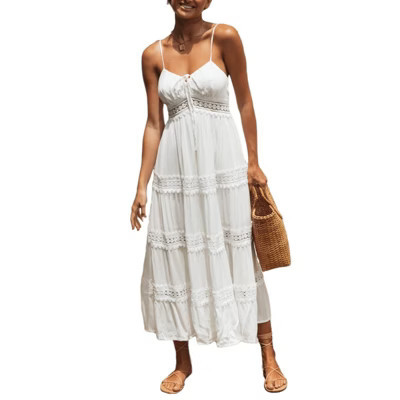 Women's Spaghetti Strap Lace Tiered Maxi Dress Summer Maxi Dress,XL,White | Target