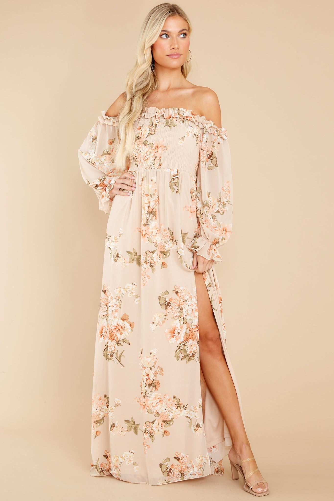 Just Astonished Beige Floral Print Maxi Dress | Red Dress 