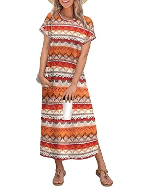 OFEEFAN Womens Maxi Dresses Casual Short Sleeve Long T Shirt Dress with Pockets Travel Vacation O... | Amazon (US)