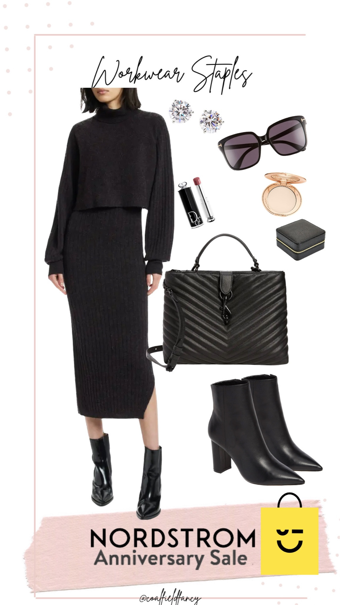 Black sweater dress
Black bag
Black booties
Black sunglasses 

#LTKxNSale #LTKworkwear