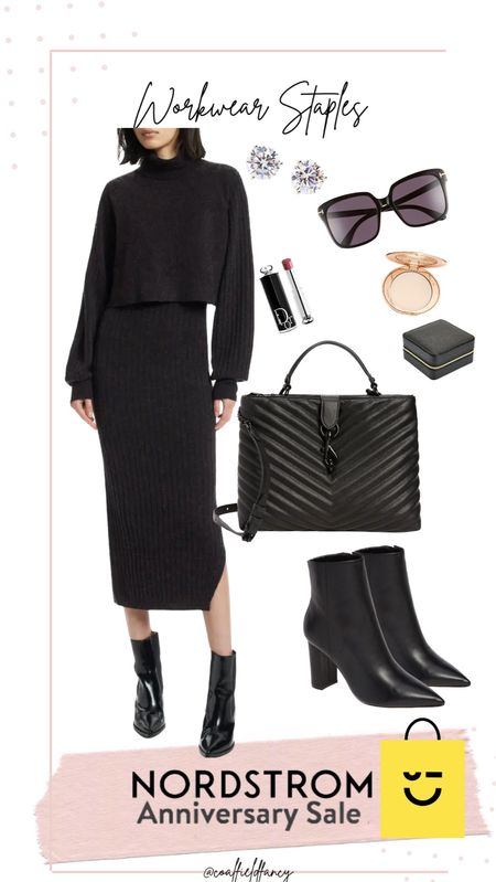 Black sweater dress
Black bag
Black booties
Black sunglasses 

#LTKxNSale #LTKworkwear