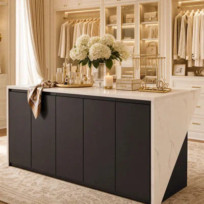 78.7" Wide Closet Island with 3-Color LED Light, Marble-Look Top, 5-Door Storage and Recessed Vanity Seating | Wayfair North America
