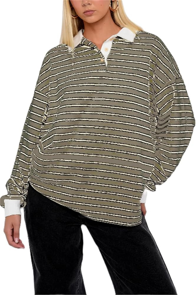 Y2k Women Striped Oversized Rugby Shirts Teen Girls Vintage Polo Sweatshirt Long Sleeve Button do... | Amazon (US)