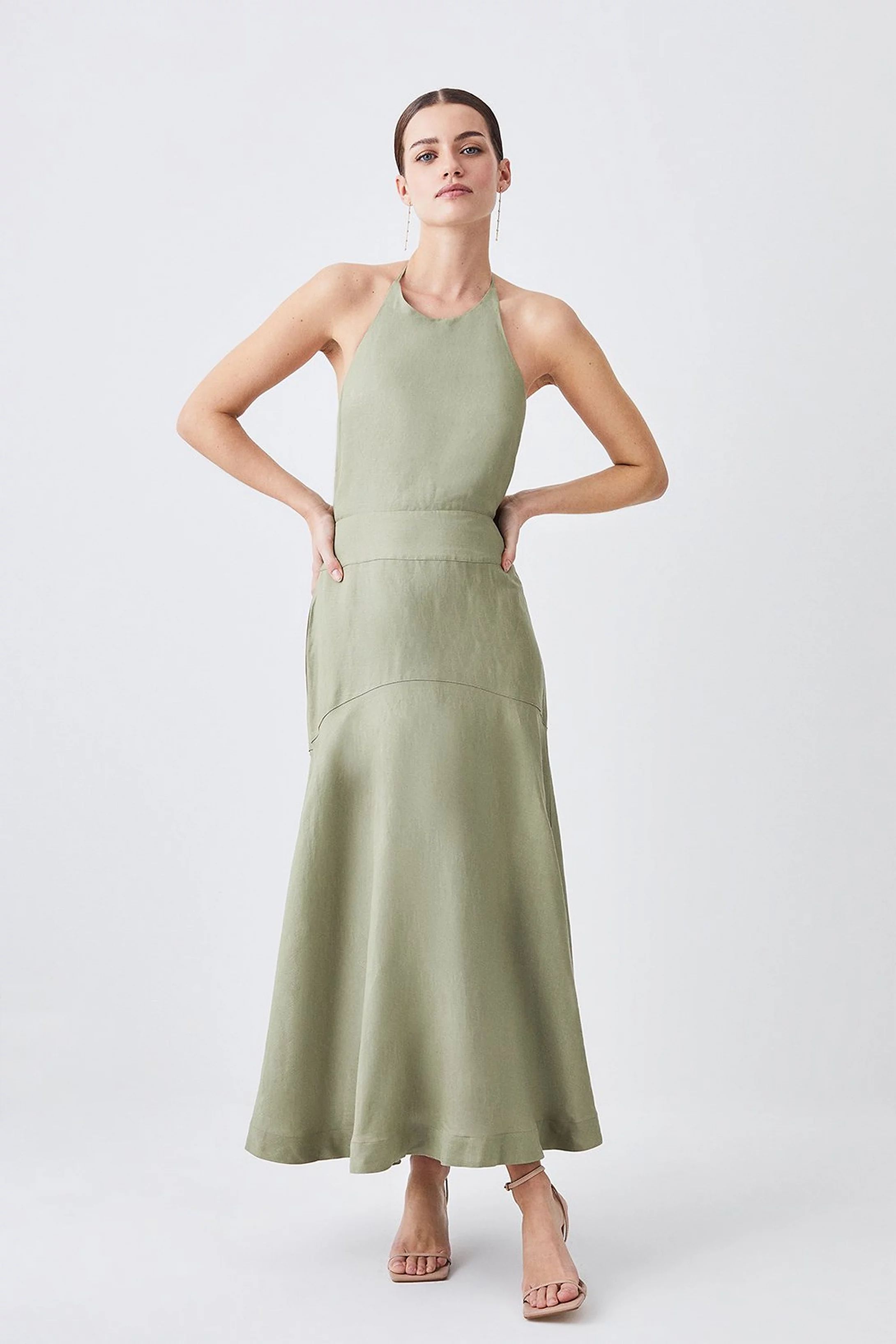 Petite Linen Viscose Halterneck Maxi Dress | Karen Millen UK + IE + DE + NL