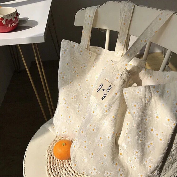 Daisy Floral Canvas Tote Shoulder Bags Embroider Floral | Etsy | Etsy (US)