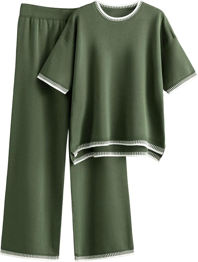 Lounge Sets Women 2 Piece Outfits Short Sleeve Knit Pullover Tops Wide Leg Pants Sweater Sets | Amazon (US)