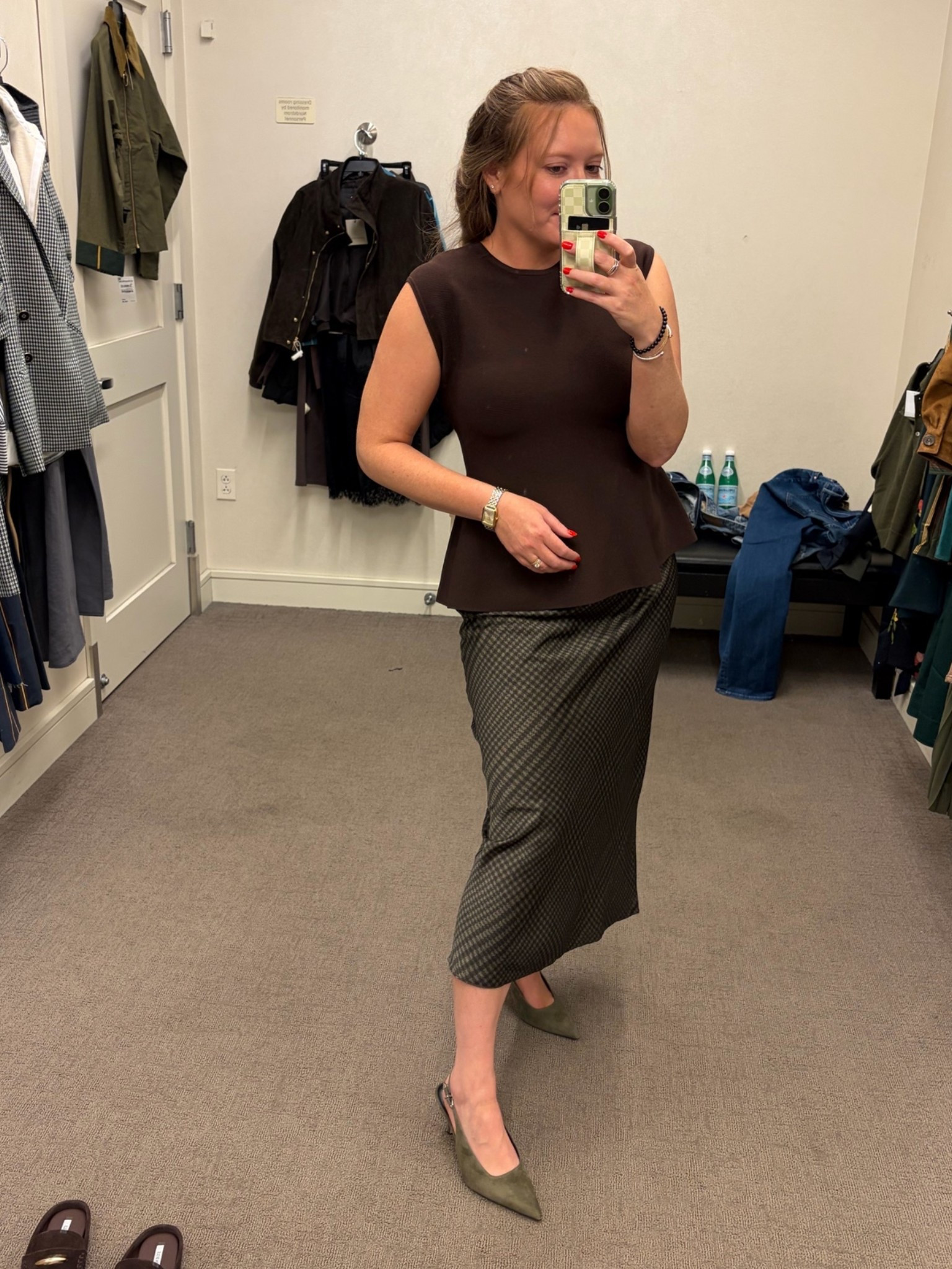 Nordstrom sale finds! 
Satin skirt / tts wearing an 8
Brown peplum sleeveless top / tts wearing a medium 
Green suede slingback pumps / I went up a half size

#LTKootd #LTKSaleAlert #LTKWorkwear