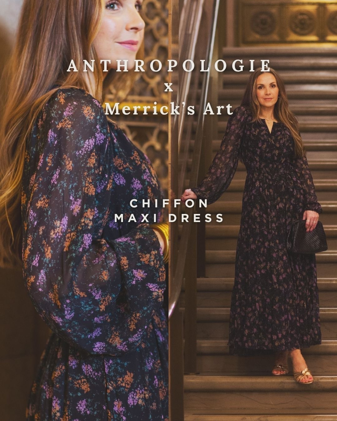 @Anthropologie x Merricks Art
Chiffon Maxi Dress
Reg, Petite, Tall
True to Size, wearing a small