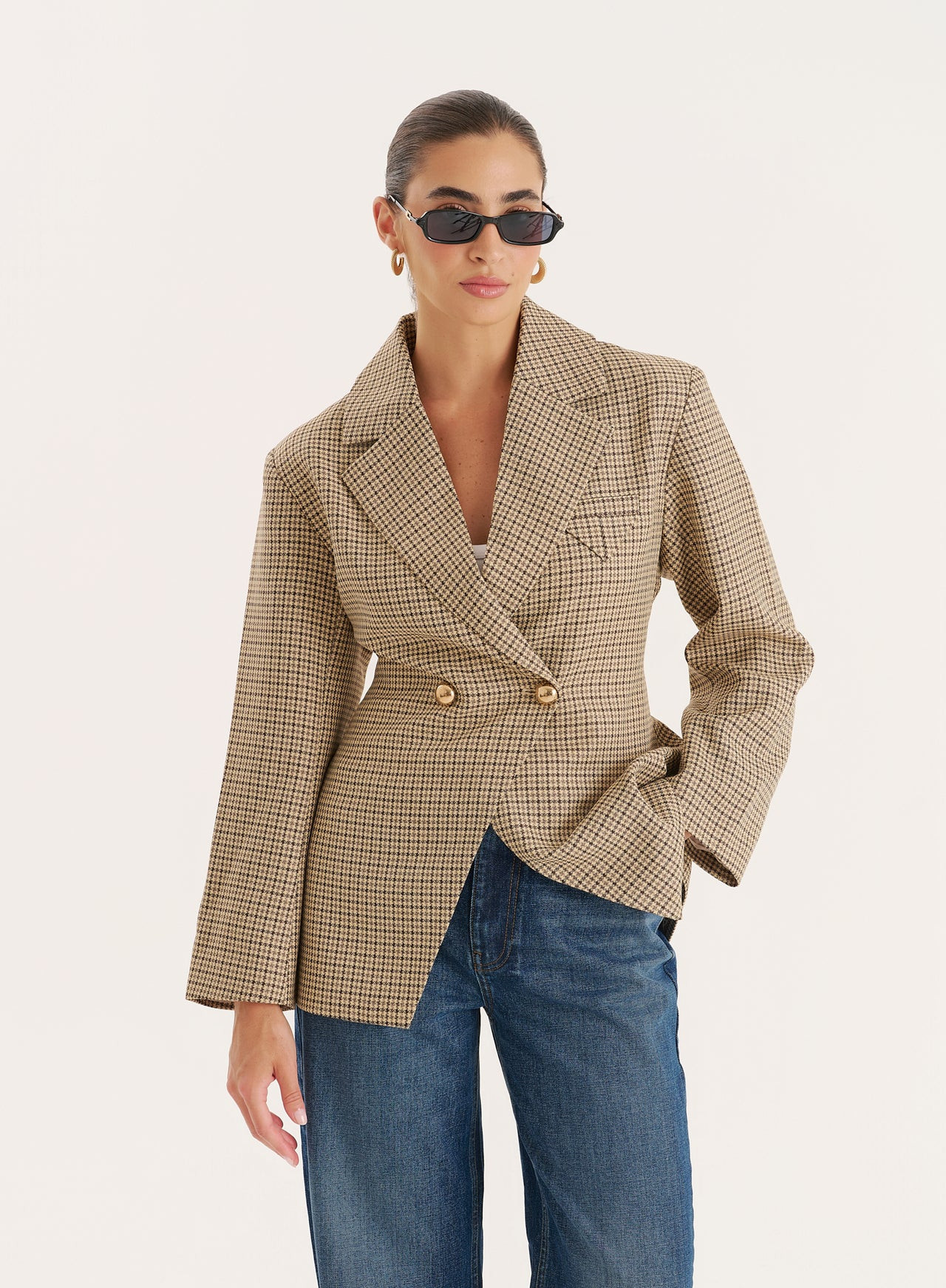 Women's Check Print Cinched Waist Tailored Blazer | Reese | 4th & Reckless | 4th & Reckless