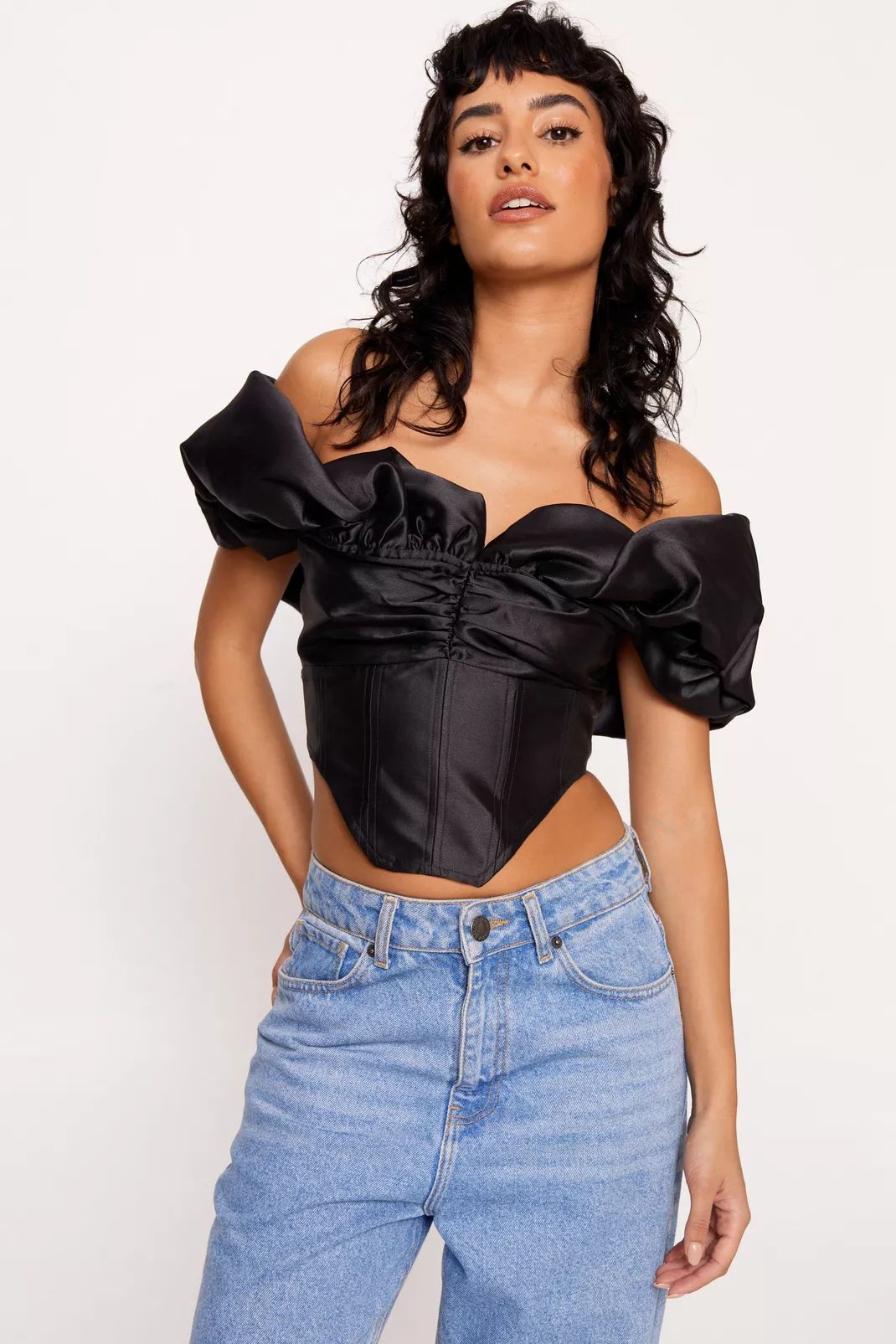Satin Twill Off The Shoulder Puff Sleeve Corset Top | Nasty Gal US