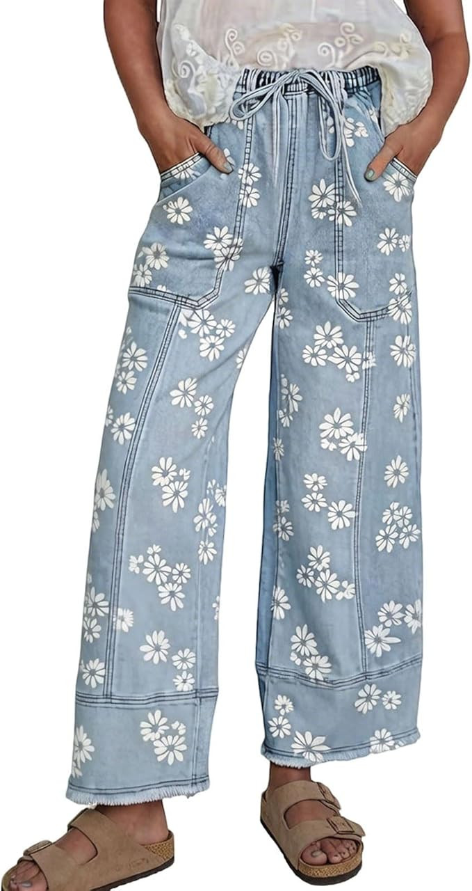 Women Floral Print Wide Leg Jeans Elastic High Waisted Denim Ankle Pants Drawstring Patchwork Bag... | Amazon (US)