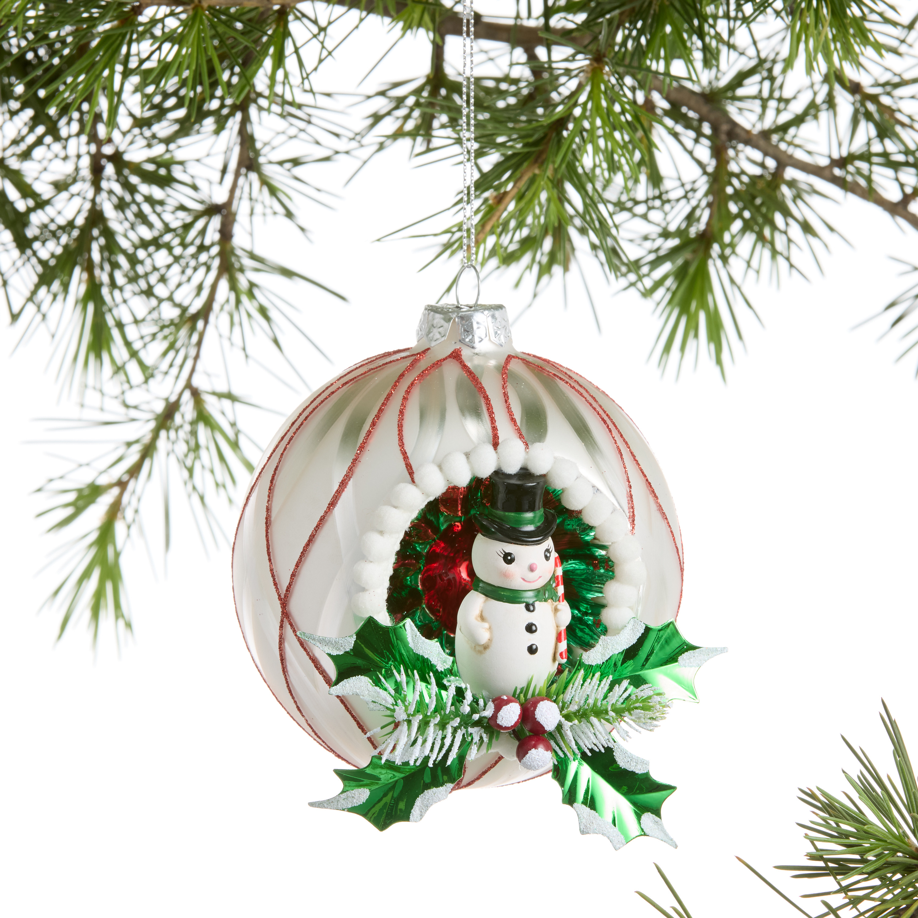 Retro Glass Snowman and Holly Ball Ornament | World Market