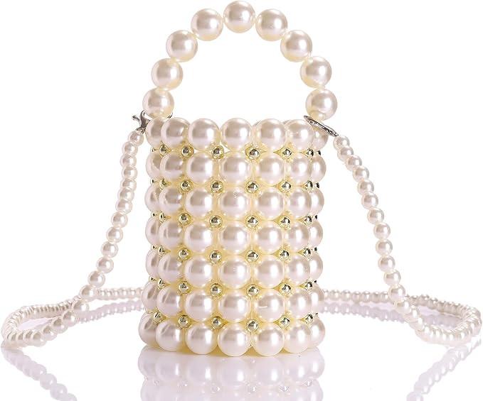 Beaded Handbag for Women White Pearl Decoration Evening Bags with Detachable Chain Inner Bag | Amazon (US)