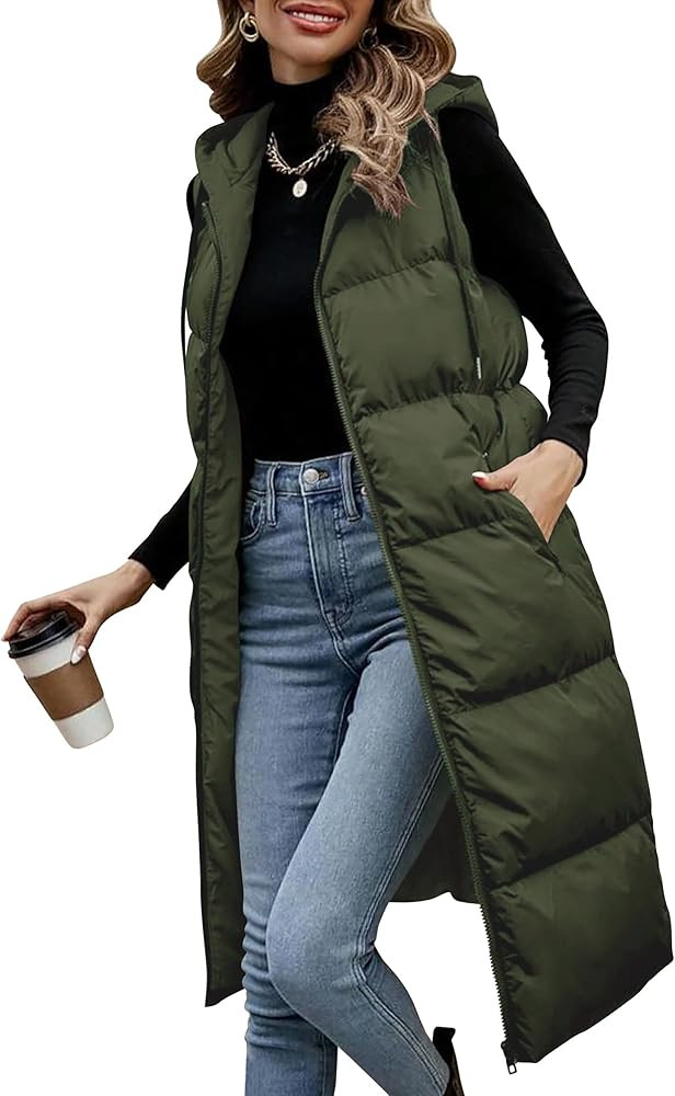 Lingswallow Long Puffer Vest Women Quilted Hooded Vests Outerwear Sleeveless Zip Up Coat Jackets ... | Amazon (US)