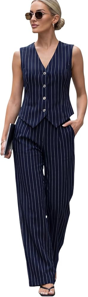 Women's 2 Piece Outfits Linen Vest Waistcoat Dressy Casual Sets Wide Leg Pants Suits | Amazon (US)