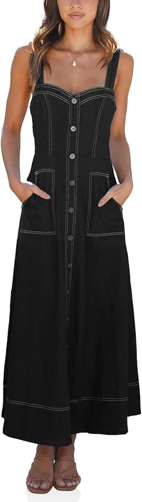 Fisoew Women's Long Denim Dress Sleeveless Adjustable Straps A Line Maxi Dress with Pockets | Amazon (US)