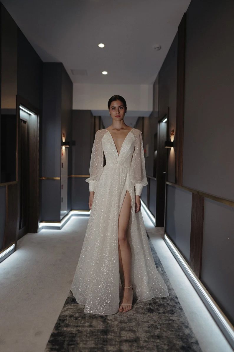 Ella by Olivia Bottega | Long sleeve A-line wedding dress | High leg slit | Sparkly dress | Deep ... | Etsy (US)