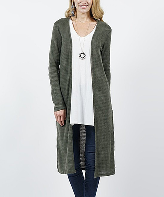 Pops Basic Women's Open Cardigans OLV-olive - Olive Long-Sleeve Mid-Length Slouchy Pocket Open Cardi | Zulily