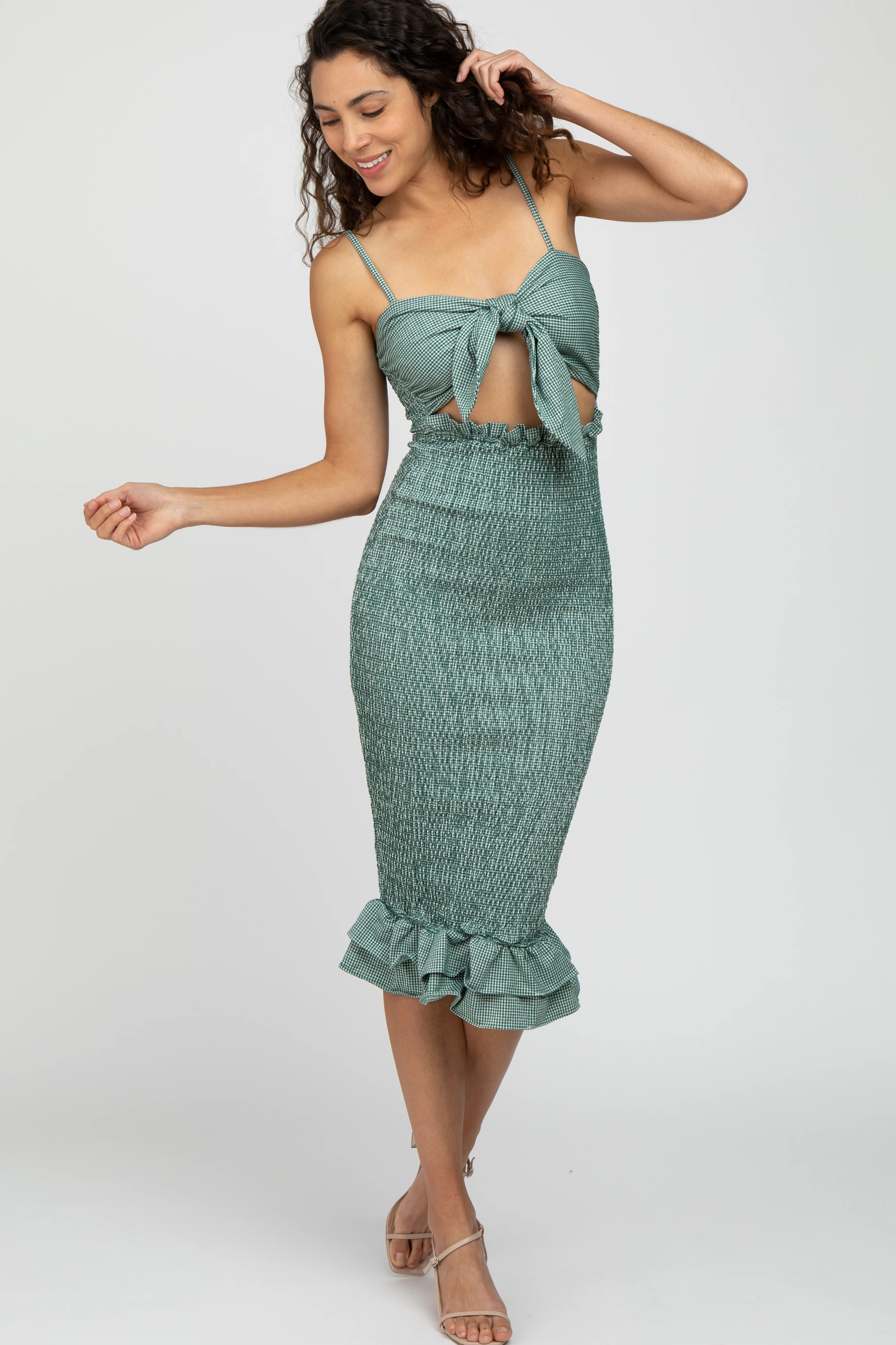 Green Gingham Print Smocked Fitted Self-Tie Midi Dress - Medium | PinkBlush Maternity