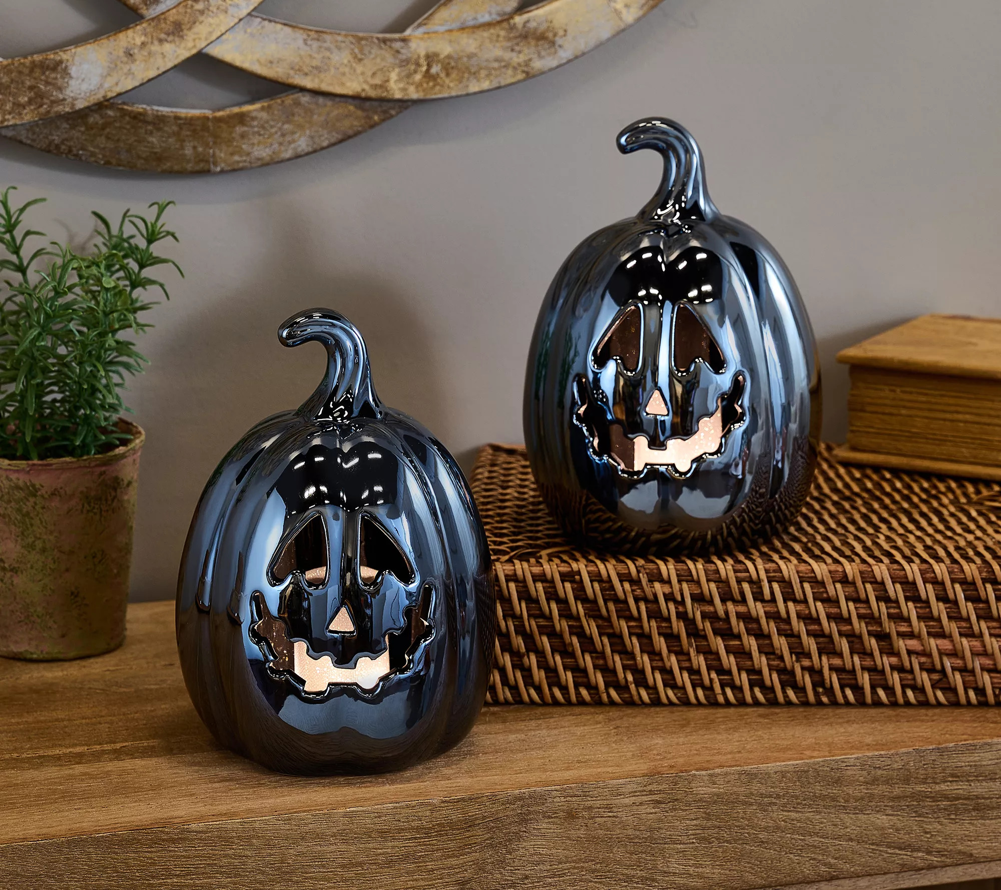 Set of 2 7"" Illuminated Ceramic Jack-O-Lanterns by Valerie | QVC