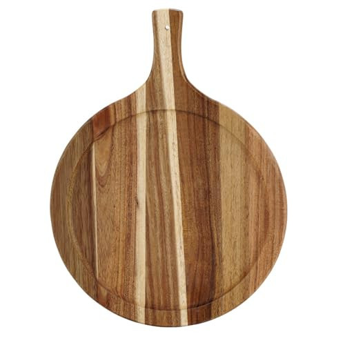 Acacia Wood Round Cutting Board with Handle, Pizza Cutting Boards for Kitchen, Small Wooden Chopping Board, Charcuterie Serving Boards for Cheese, Meat, Vegetables, Bread, 15.7" x 11.8" | Amazon (US)