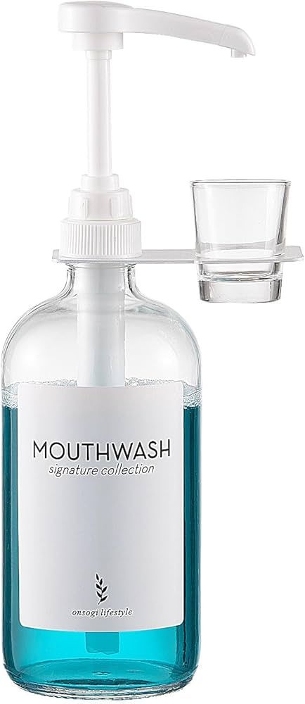 Glass Mouthwash Dispenser with Cup Holder and Pump, 16 Oz Rustic Boho Mouthwash Dispenser for Bat... | Amazon (US)