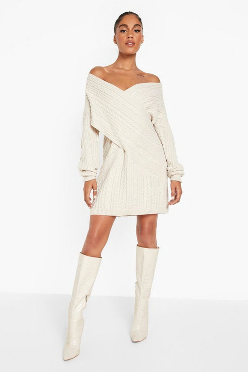 Off The Shoulder Cable Knit Sweater Dress | Boohoo.com (US & CA)