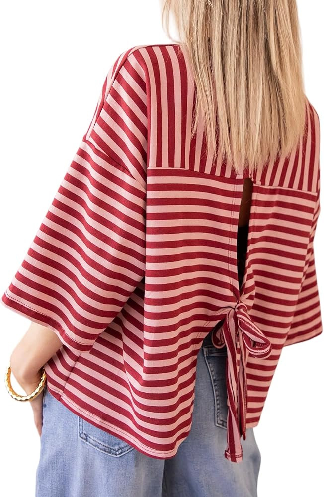 Striped T-Shirt for Women V Neck Tie Back Tee Tops Summer Y2k Bow Tshirt Half Sleeve Oversized Te... | Amazon (US)