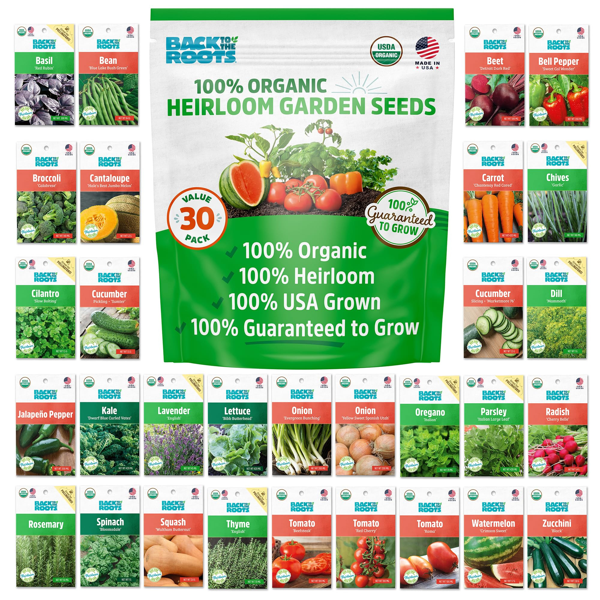 Back to the Roots Heirloom Organic, Non-GMO & USA Grown Seeds, 30ct Herb, Fruit, and Veggies, Ass... | Amazon (US)
