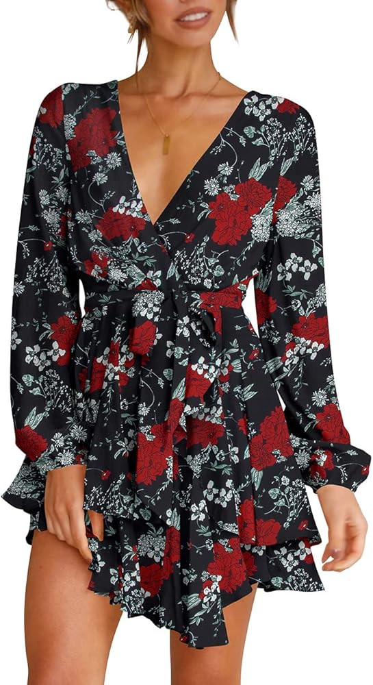 Cosonsen Women's Dress Deep V-Neck Long Sleeve Waist Tie Ruffle Mini Swing Skater Dresses | Amazon (US)