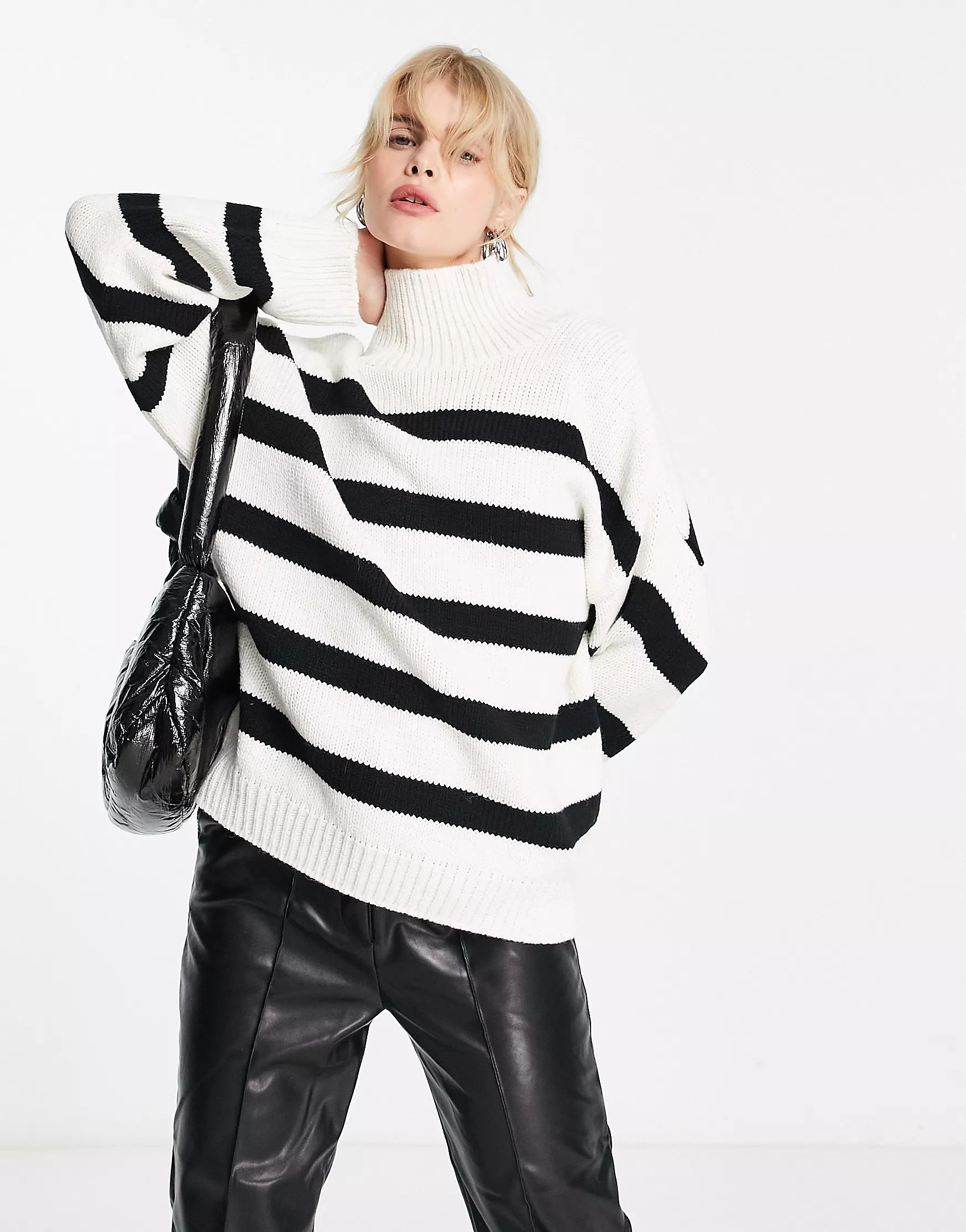 ASOS DESIGN high neck sweater in stripe in black and cream | ASOS (Global)