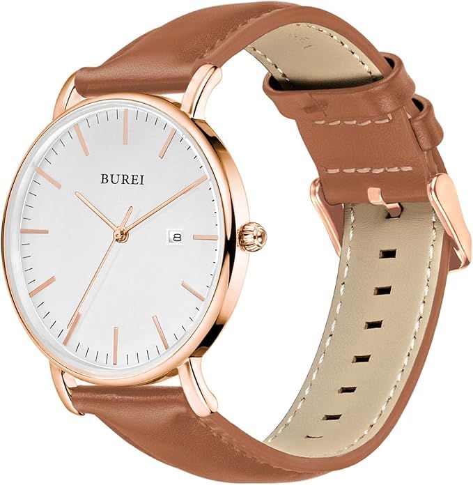BUREI Men's Fashion Minimalist Wrist Watch Analog Date with Leather Strap | Amazon (US)