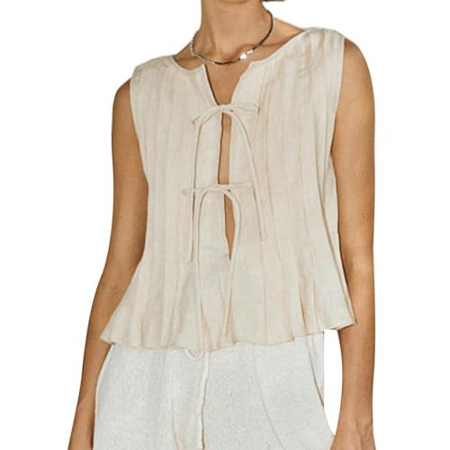 Women Bow Tie Front Tank Top Pleated Ruffle Linen Vest Y2K Babydoll Shirt Coquette Clothes Light Khaki M | Amazon (US)